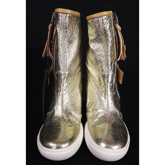 Giuseppe Zanotti Buckle Wedge Leather Sneaker 36 6 Gold Metallic High Top New - Picture 3 of 11